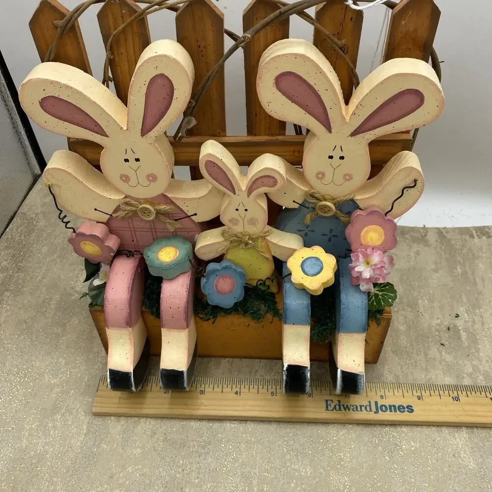 Hand crafted wooden Easter bunnies flowers Decor centerpiece 8X2.5X9.75” Tall